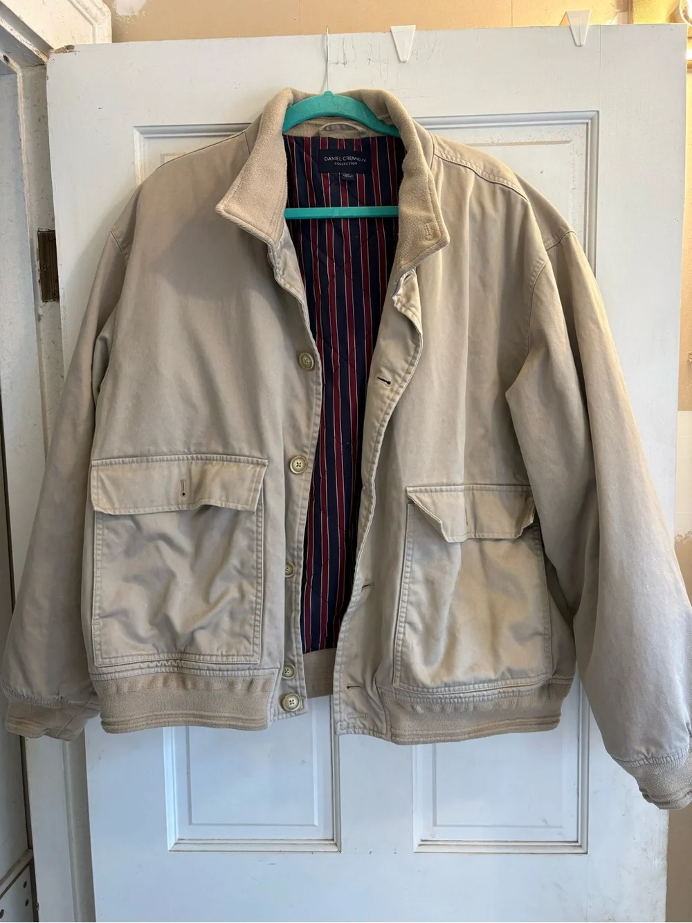 Daniel Cremieux Light Beige Cotton Bomber Jacket with Striped Lining